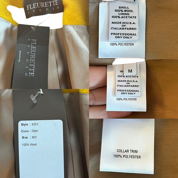 FLEURETTE Wool Barn Coat Jacket Yellow Contrast Collar Pockets USA Medium NWT - Picture 7 of 9